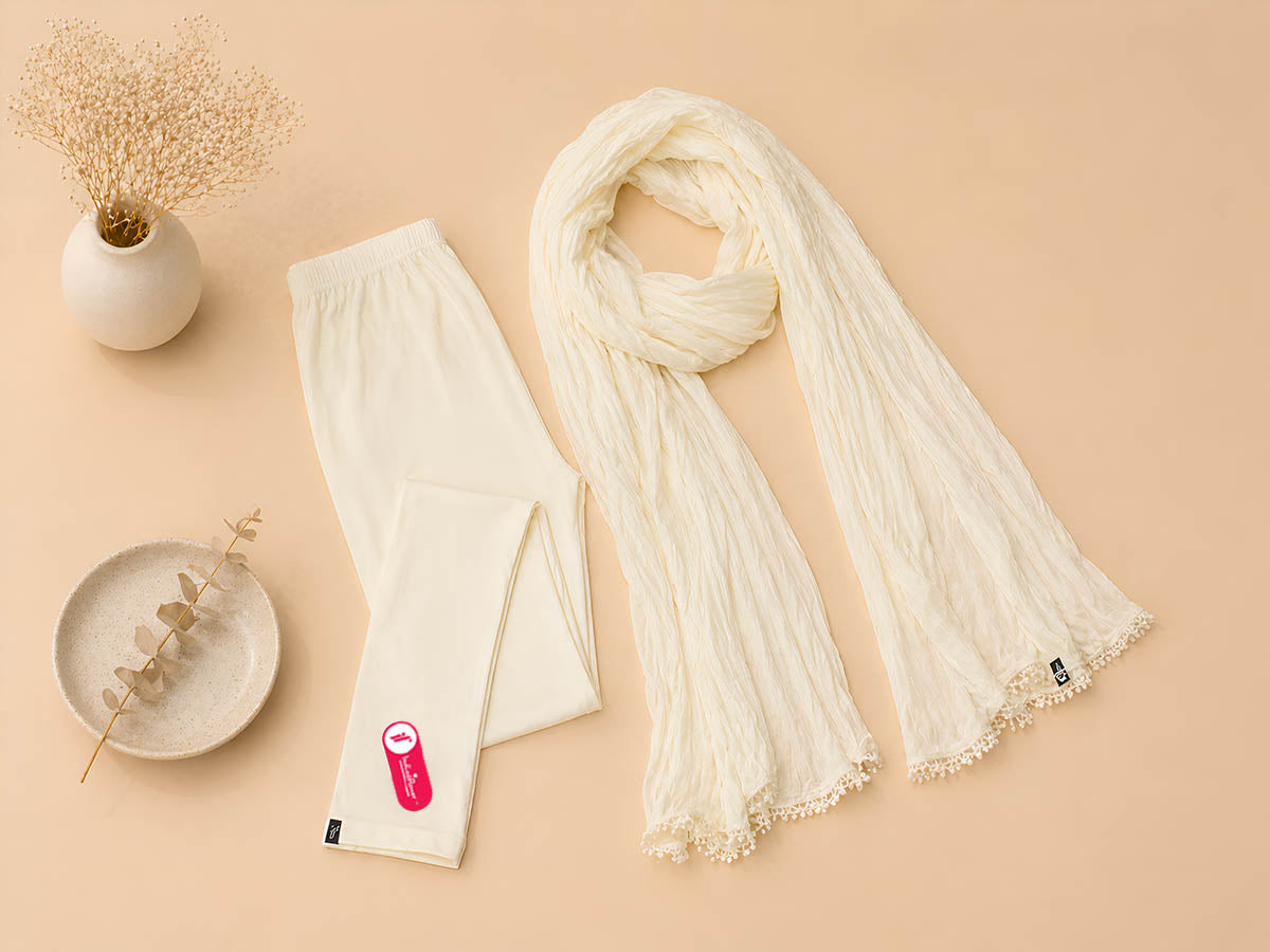 Cream Ankle Leggings with Shawl Combo