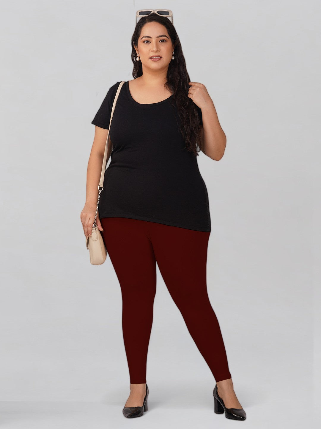 Maroon Plus Size Cotton Ankle Leggings