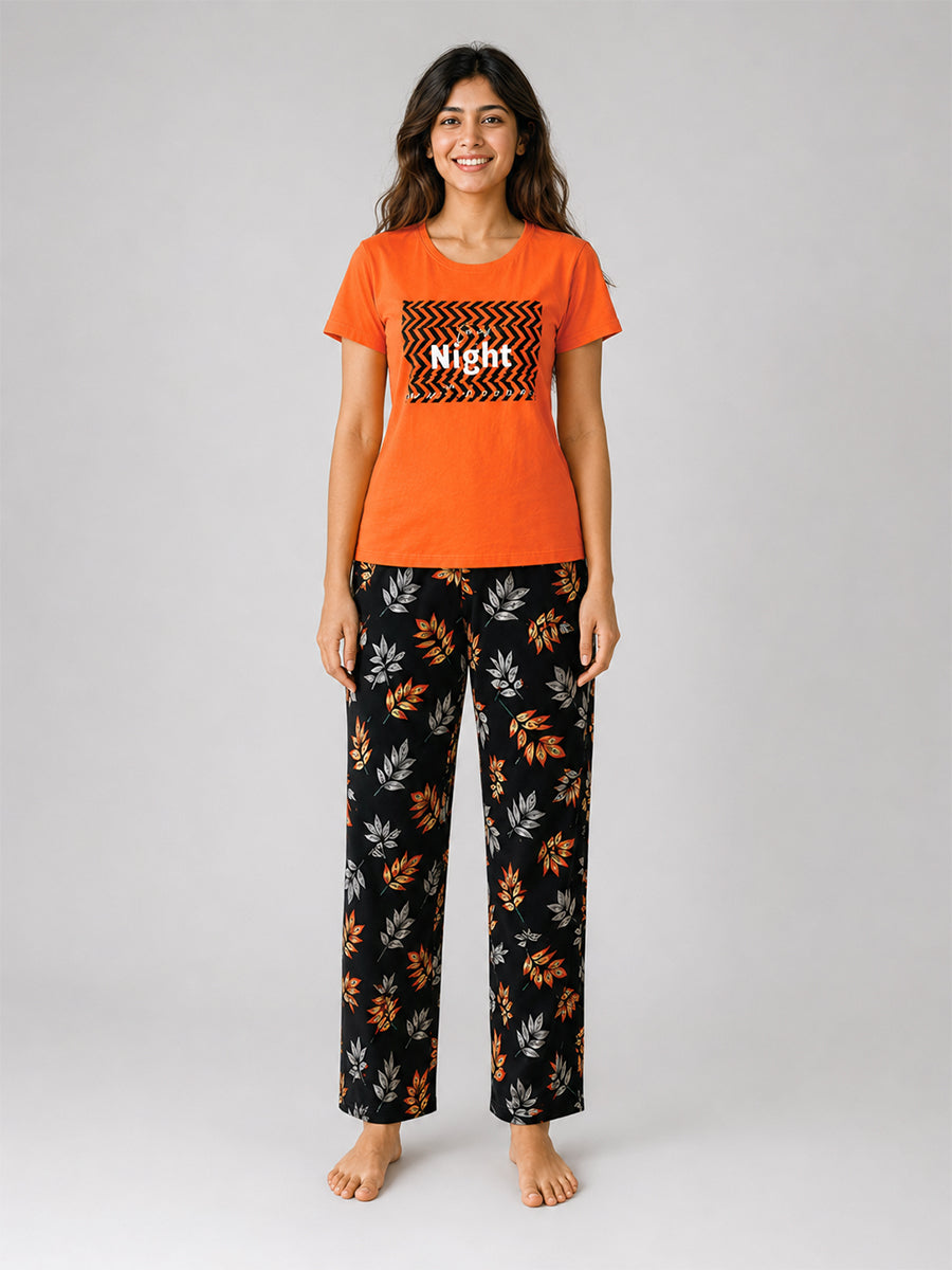 T Shirt & Pant Printed Pyjama Orange