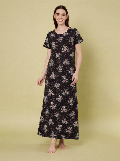 Black flower Print Nighty