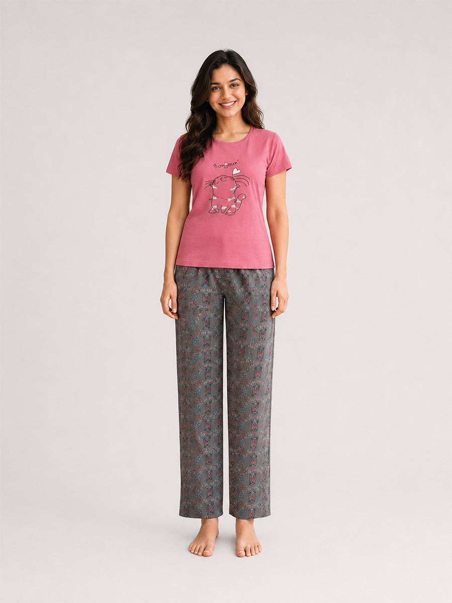 T Shirt & Pant Printed Pyjama Pink
