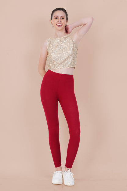 Dark Red Cotton Ankle Leggings