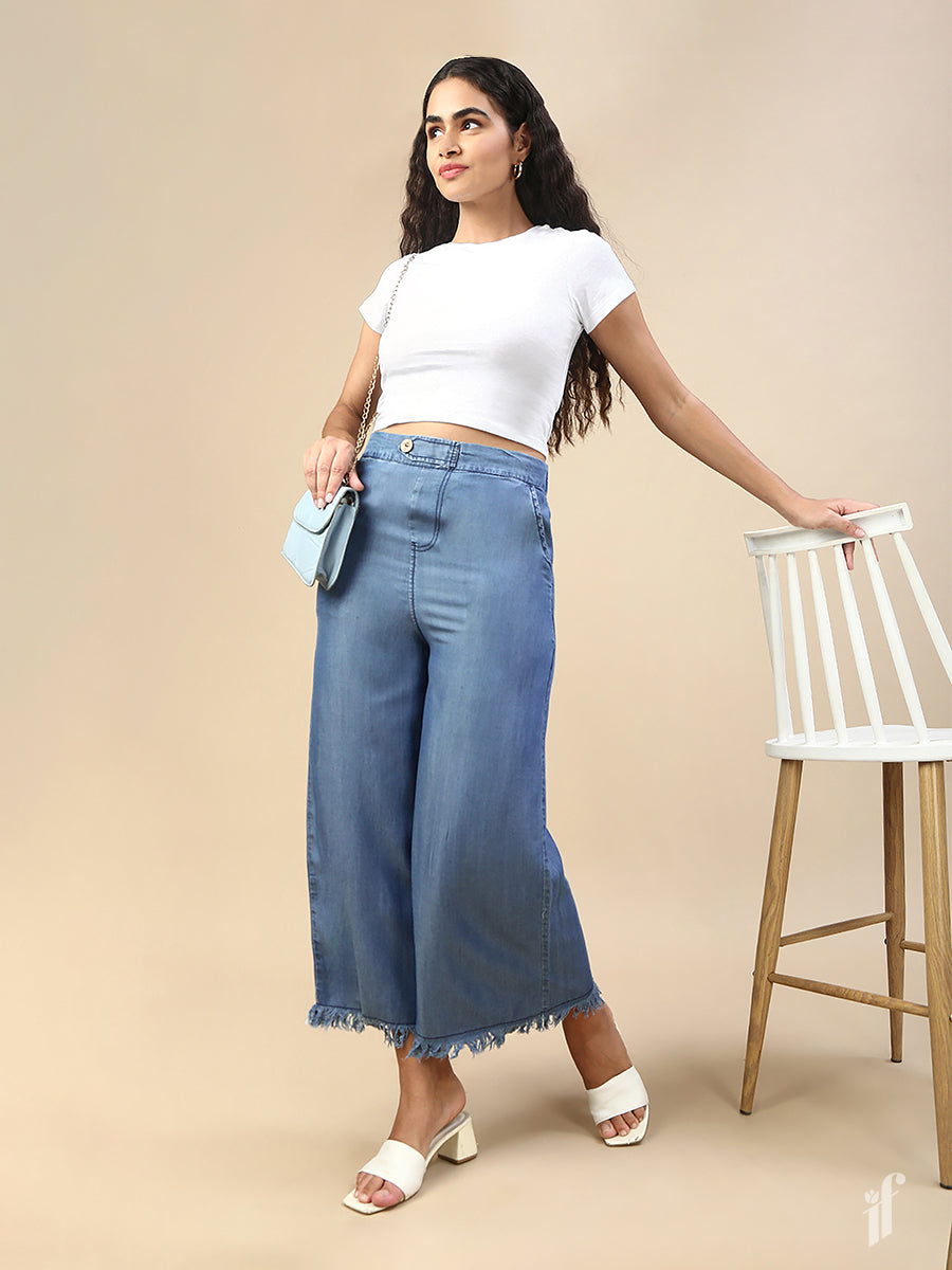 BreezeBlue Fray-Edge Denim Palazzo