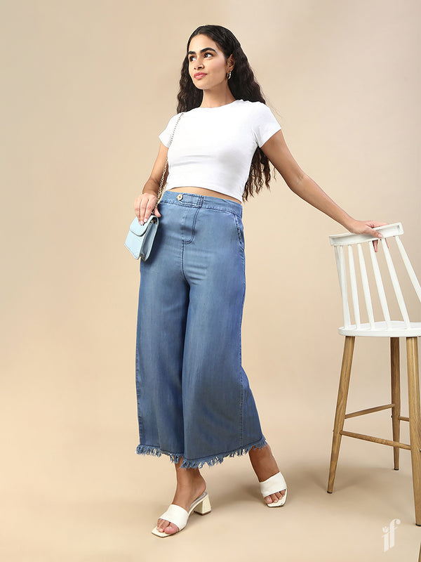 BreezeBlue Fray-Edge Denim Palazzo