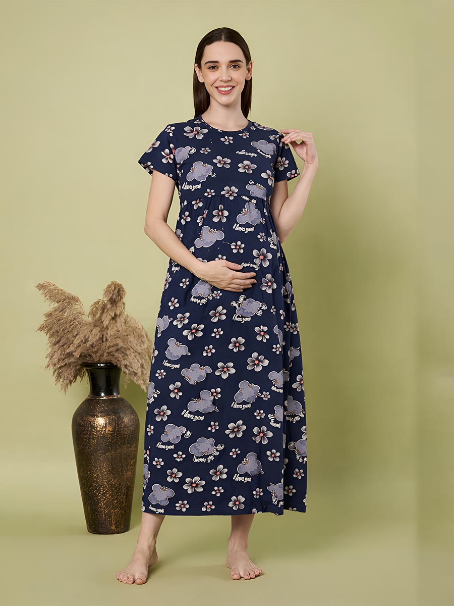 Navy Flower AOP Printed Maternity
