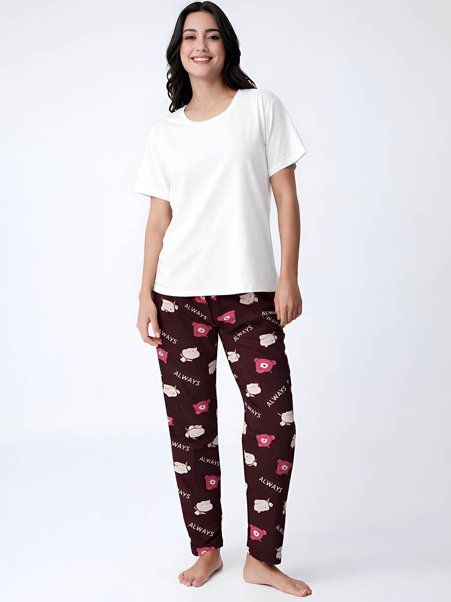 Maroon Teddy Printed Night Pant