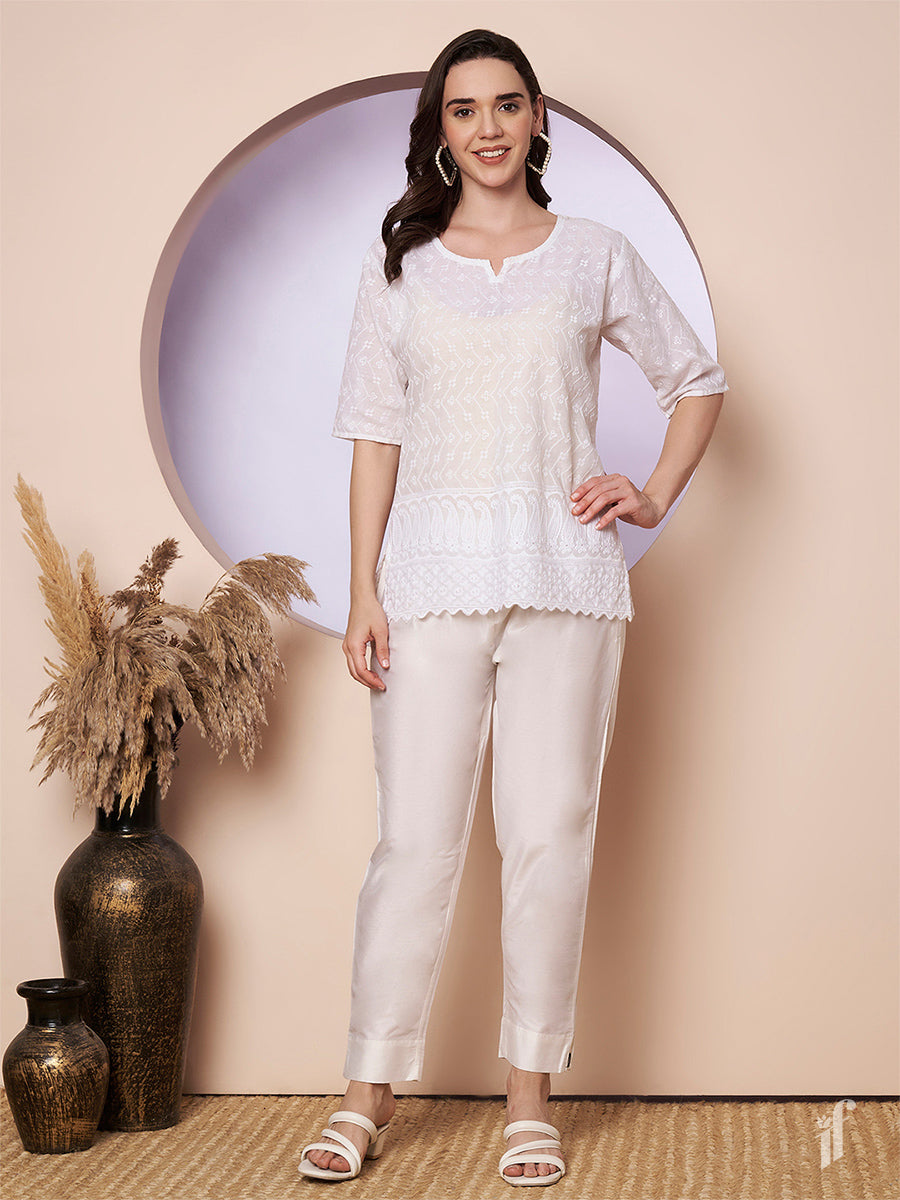 White Metallic Straight Pant