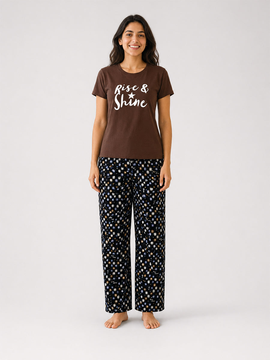T Shirt & Pant Printed Pyjama Brown