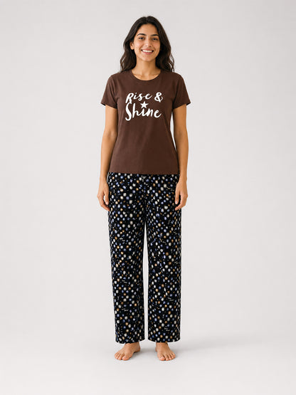T Shirt & Pant Printed Pyjama Brown