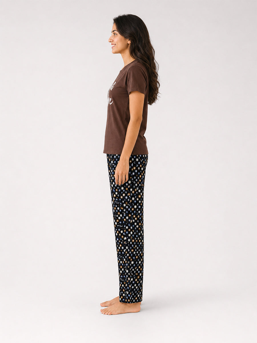 T Shirt & Pant Printed Pyjama Brown