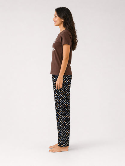 T Shirt & Pant Printed Pyjama Brown