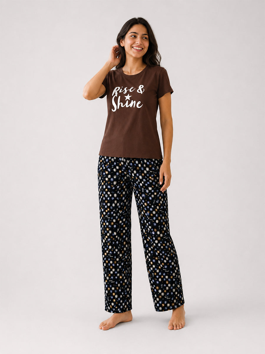 T Shirt & Pant Printed Pyjama Brown