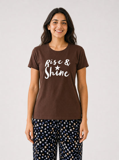 T Shirt & Pant Printed Pyjama Brown