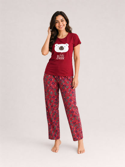 T Shirt & Pant Printed Pyjama Red