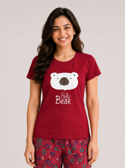 T Shirt & Pant Printed Pyjama Red