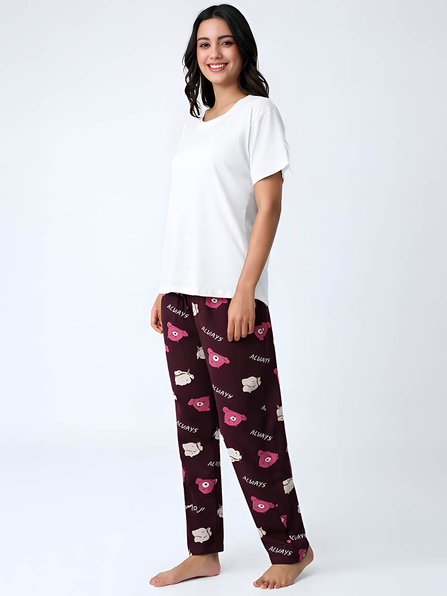 Maroon Teddy Printed Night Pant