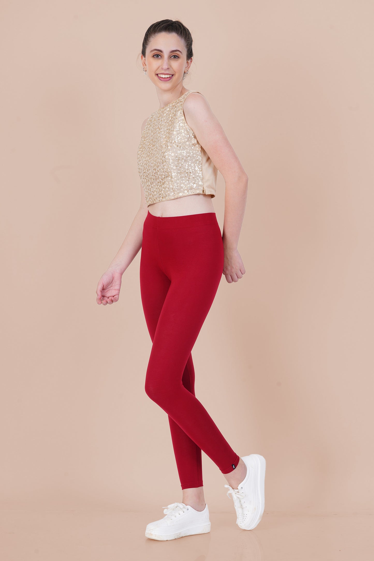 Dark Red Cotton Ankle Leggings