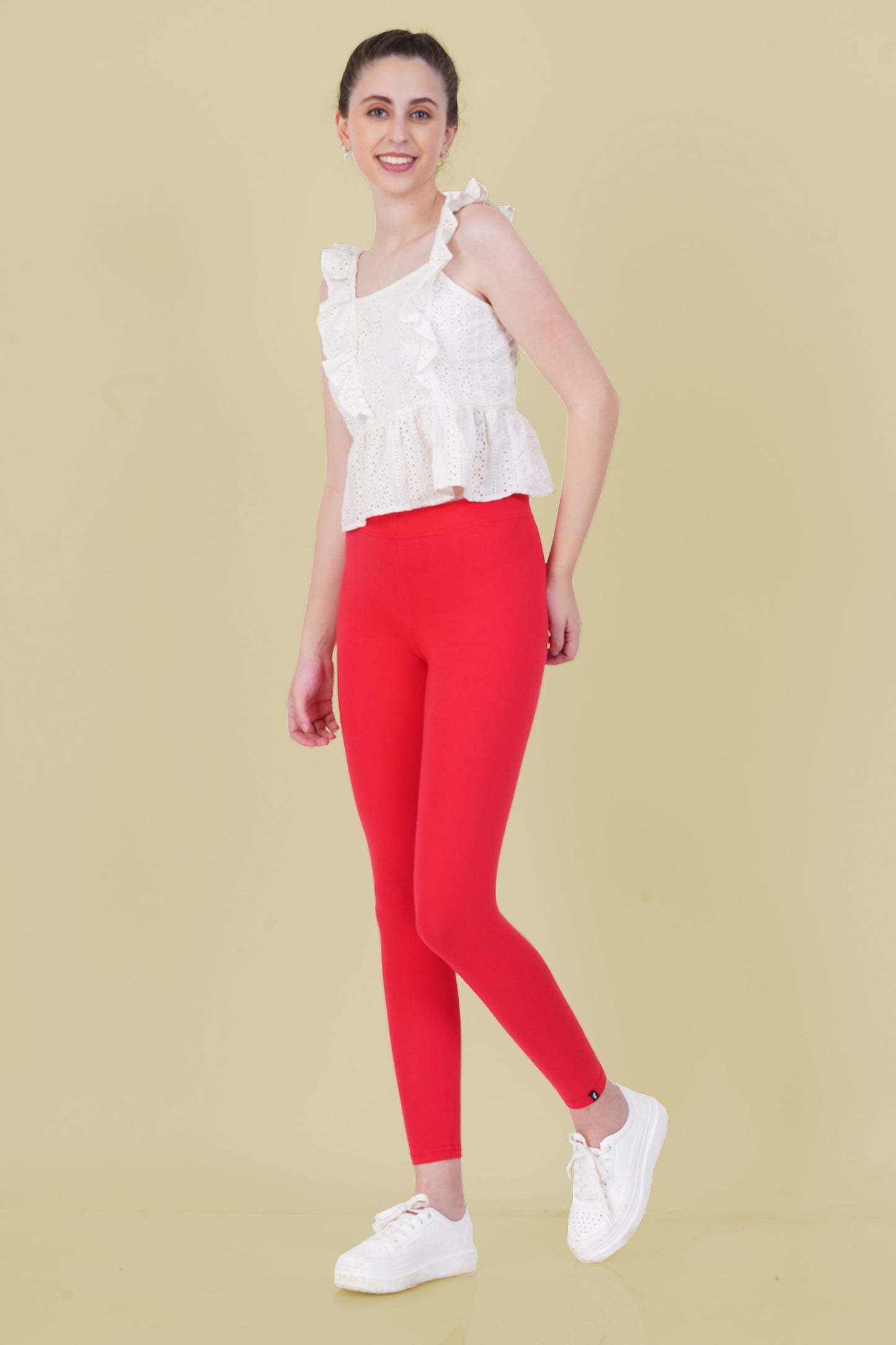 Tomato Red Cotton Ankle Leggings
