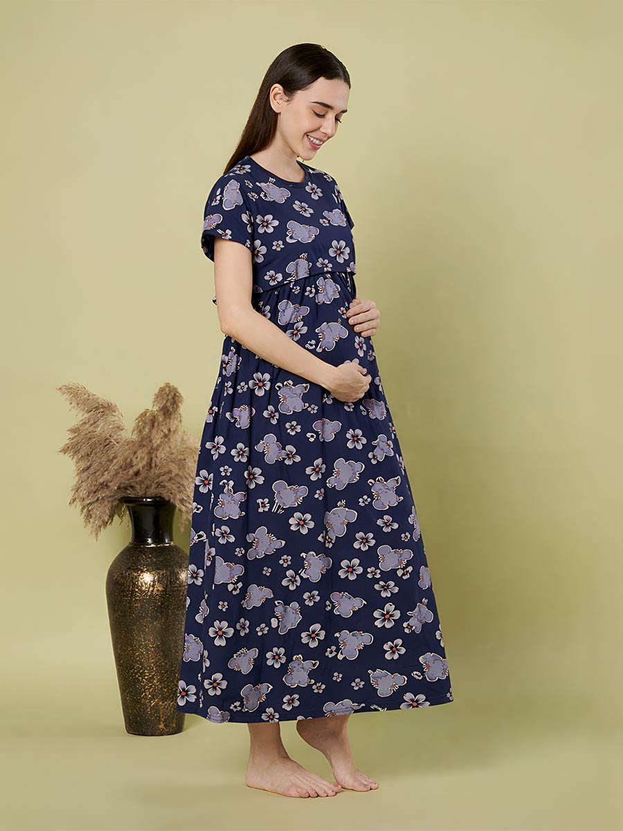 Navy Flower AOP Printed Maternity
