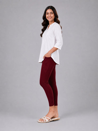 New Dark Red Cotton 7/8 Leggings