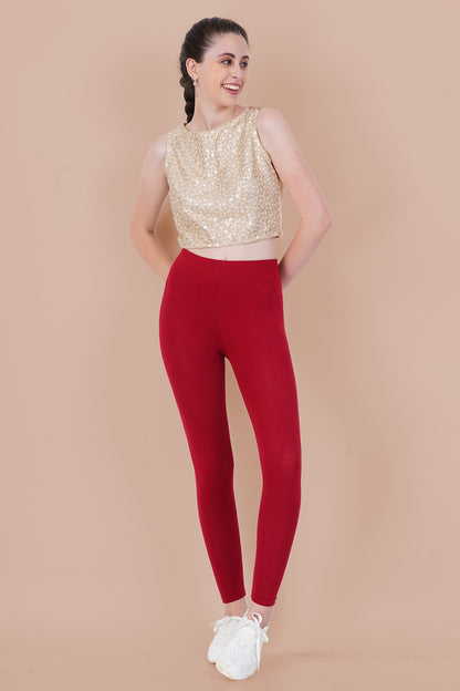 Dark Red Cotton Ankle Leggings