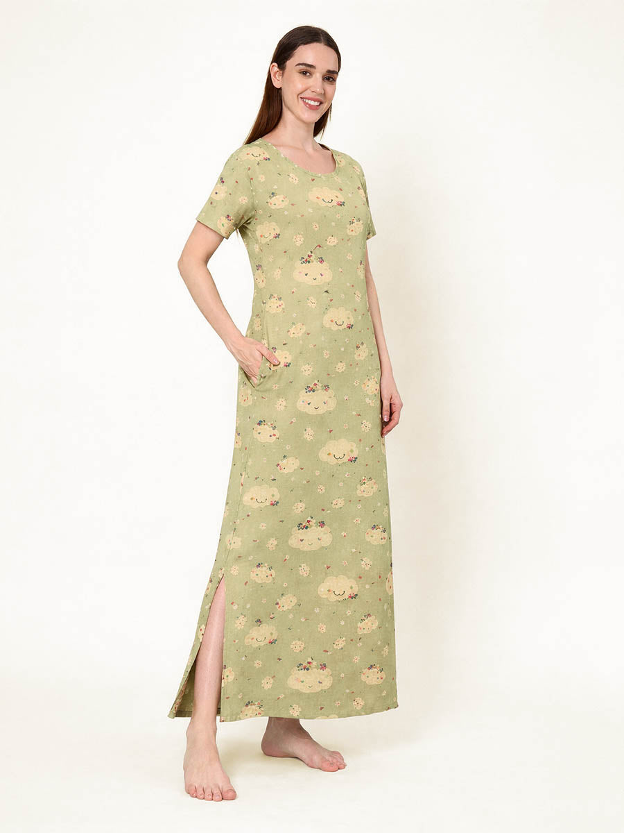 Green Flower Print Nighty