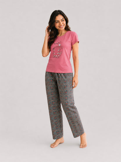 T Shirt & Pant Printed Pyjama Pink