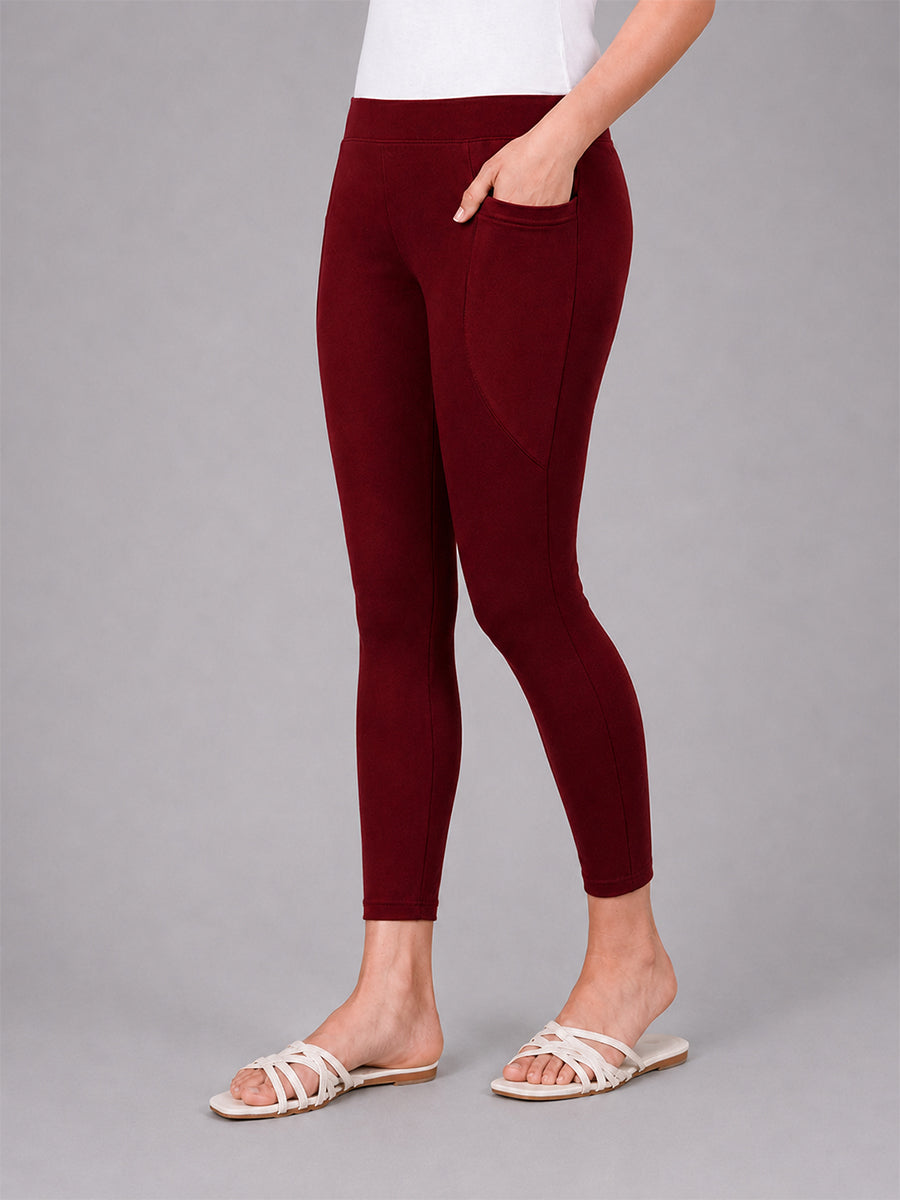 New Dark Red Cotton 7/8 Leggings