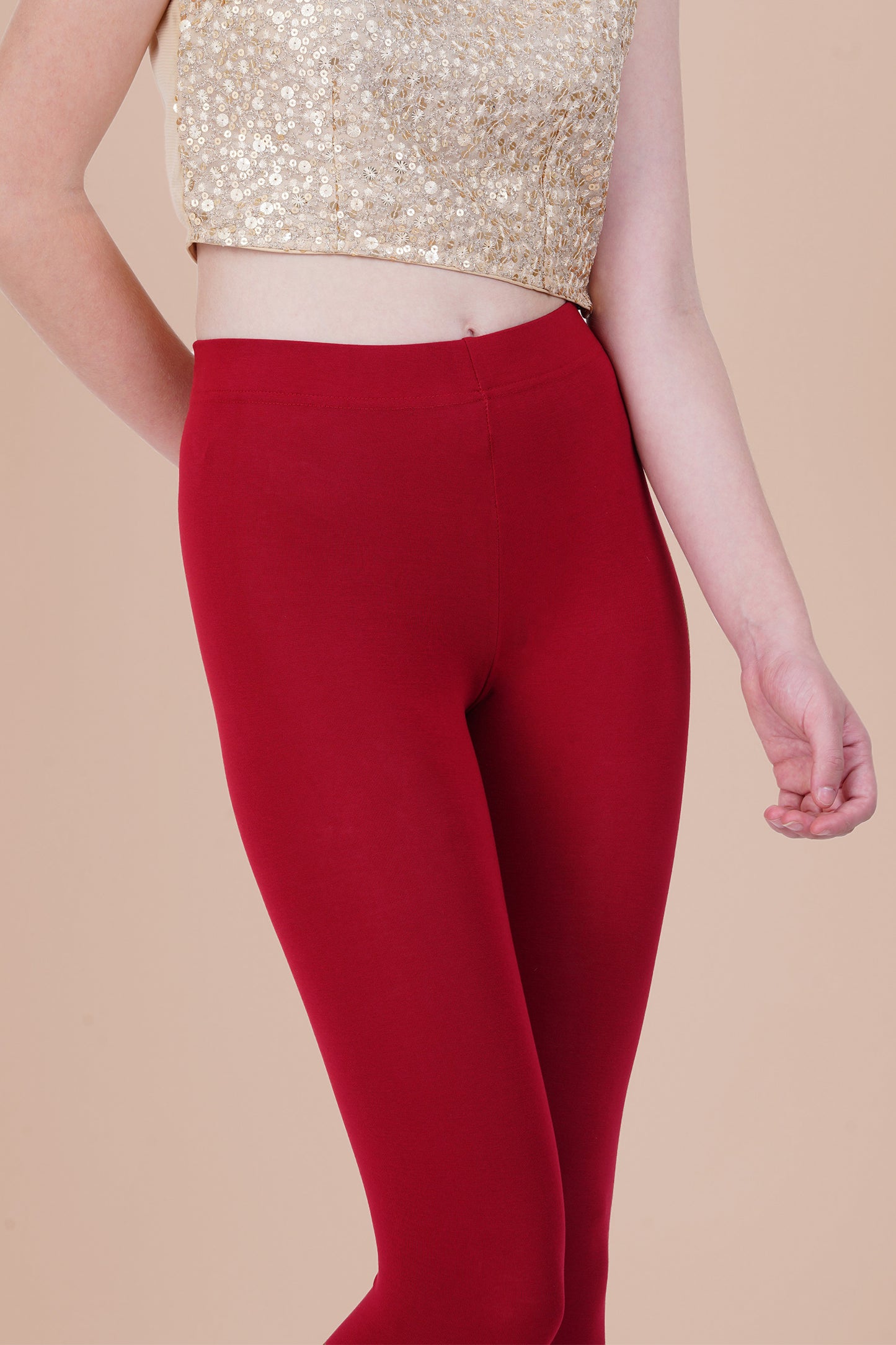 Dark Red Cotton Ankle Leggings