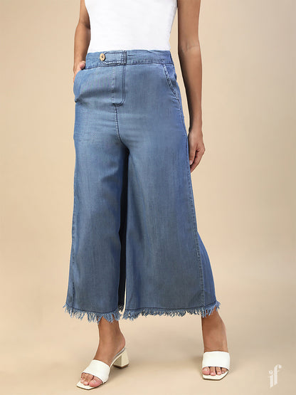 BreezeBlue Fray-Edge Denim Palazzo