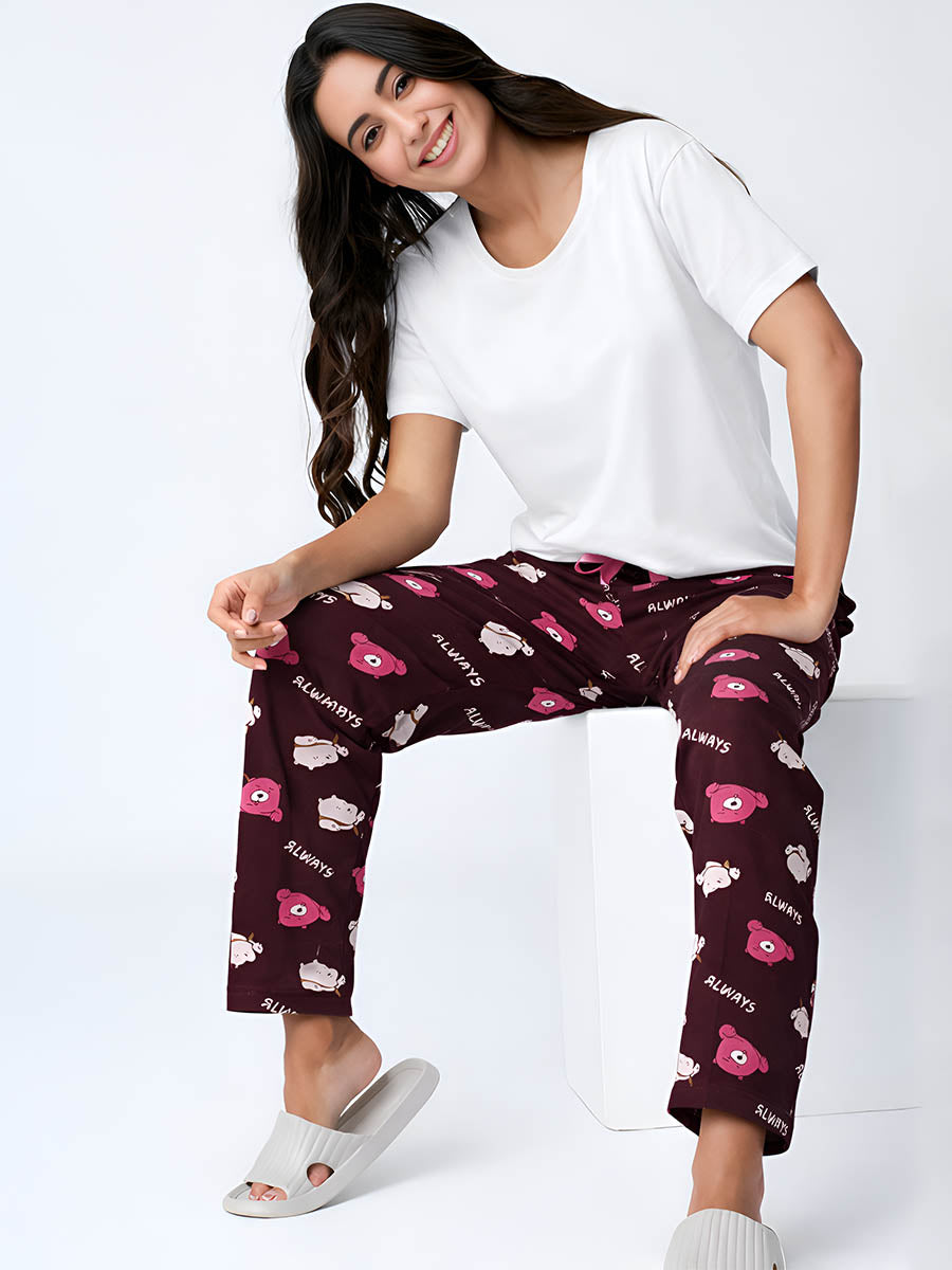 Maroon Teddy Printed Night Pant