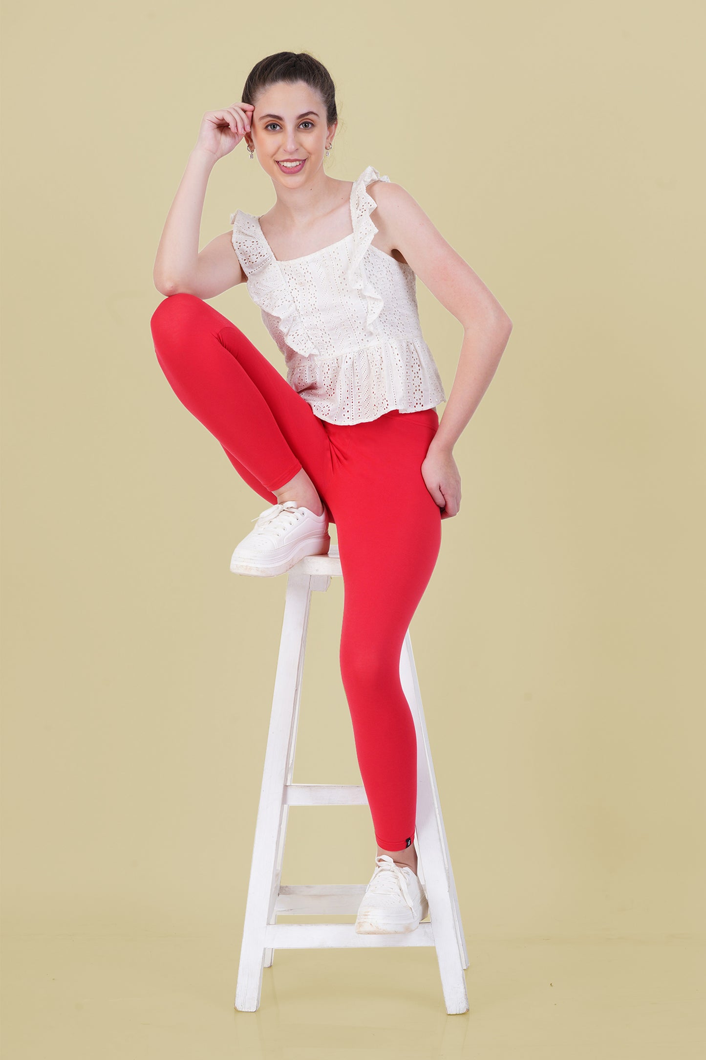 Tomato Red Cotton Ankle Leggings