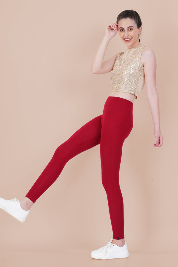 Dark Red Cotton Ankle Leggings